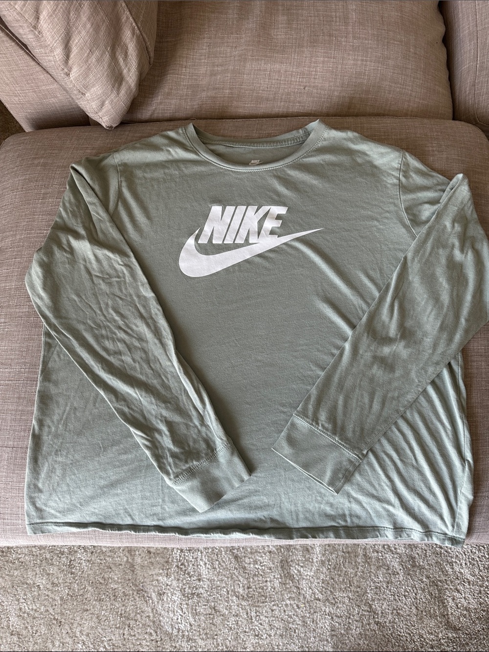 Nike Long Sleeve Crew Tee in Sage Green with White Swoosh - 100% Cotton